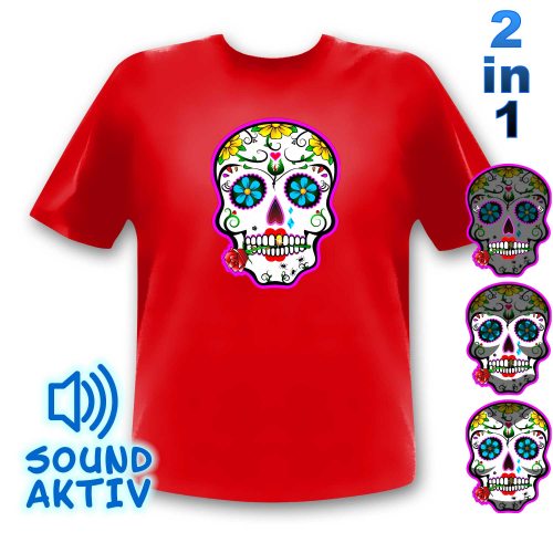 Nur Größe M Sonderangebot I Rotes Totenkopf Equalizer LED T-Shirt  Sugar Skull Halloween I Leuchtshirt