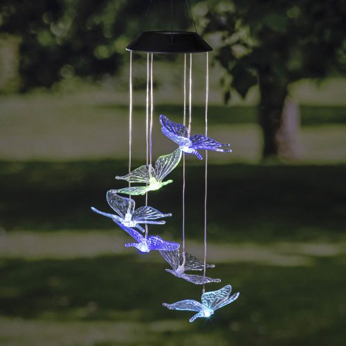 Solar garden wind chime with colorful butterflies