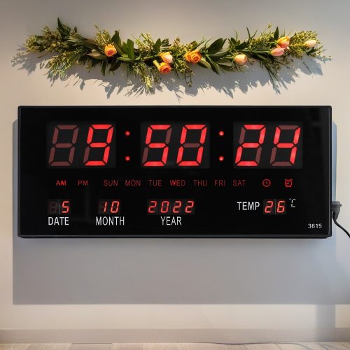 LED Wall Clock 36x15cm I  Time Date Temperature I Red LED-Display