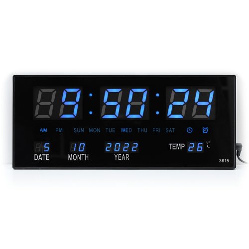LED-Wanduhr Blau 36x15cm Segment LED-Anzeige I Zeit Datum Temperatur Alarmfunktion I Digitale Küchenuhr Büro-Digitaluhr I Leuchtende Wanduhr