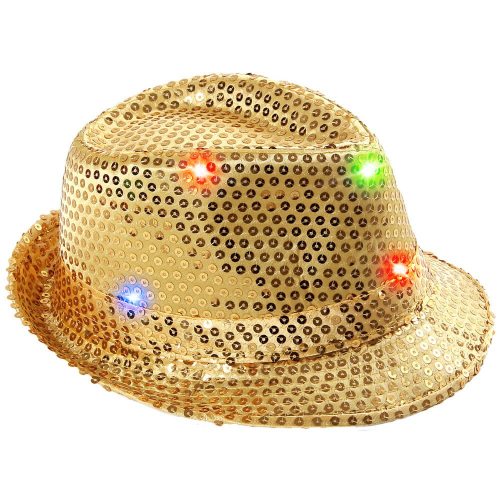 Paillettenhut Gold mit bunten LEDs I 3 Leuchtmodi I Blinken & Dauerleuchten  I Pailletten LED-Hut I Leuchtender Hut Trilby Partyhut Paillettenhut  günstig kaufen I LED-Fashion Berlin