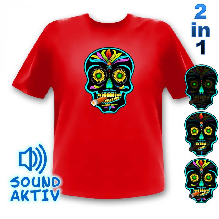 Nur Größe M Sonderangebot I Rotes Totenkopf Equalizer LED T-Shirt  Sugar Skull Halloween I Leuchtshirt