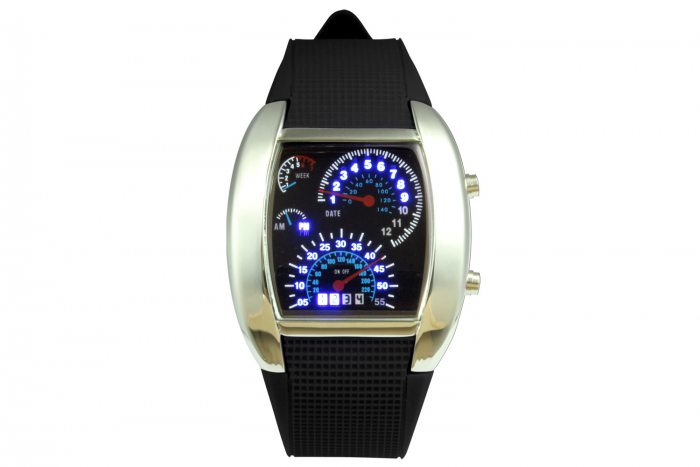 Auffällige LED Armbanduhr I Tachometer Optik Silber Leuchtuhr I Digitale Herrenuhr Teenager Motorsport Fans