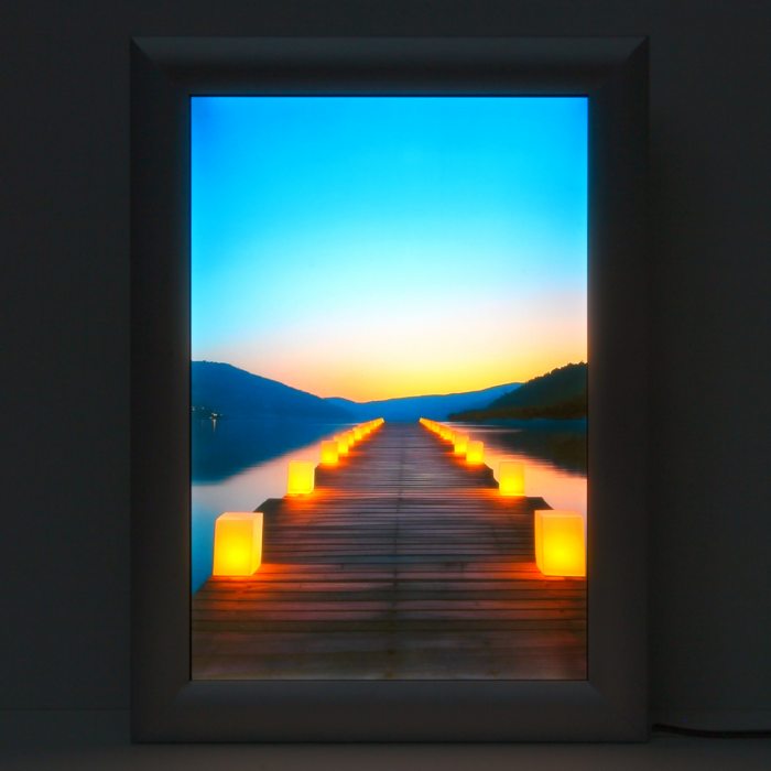 LED picture wooden footbridge with lanterns LED light frame DIN A4 aluminum I Romantic footbridge in the evening poster frame backlight I LED picture light box I Light box with ultra-flat design & folding frame technology