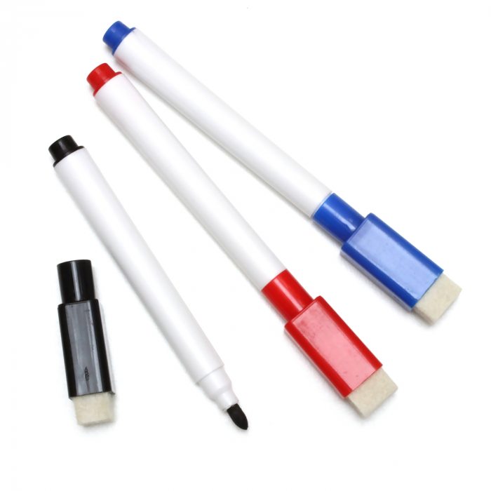 Whiteboard markers in blue, red, black