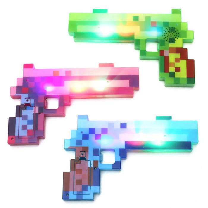 Pixel-Pistole mit Schuss-Geräuschen in 3 Farben I LED Pixel Gaming-Gun mit Sound I Gamer-Gadget Pistole