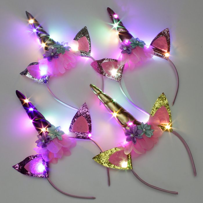 Unicorn glitter headband with colorful LEDs
