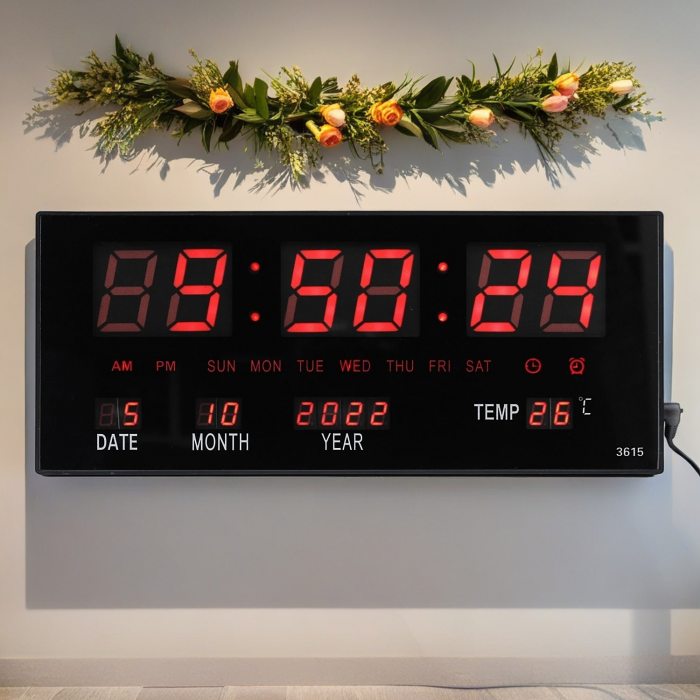 LED Wall Clock 36x15cm I  Time Date Temperature I Red LED-Display