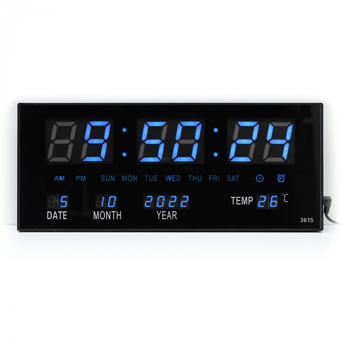 LED-Wanduhr Blau 36x15cm Segment LED-Anzeige I Zeit Datum Temperatur Alarmfunktion I Digitale Küchenuhr Büro-Digitaluhr I Leuchtende Wanduhr