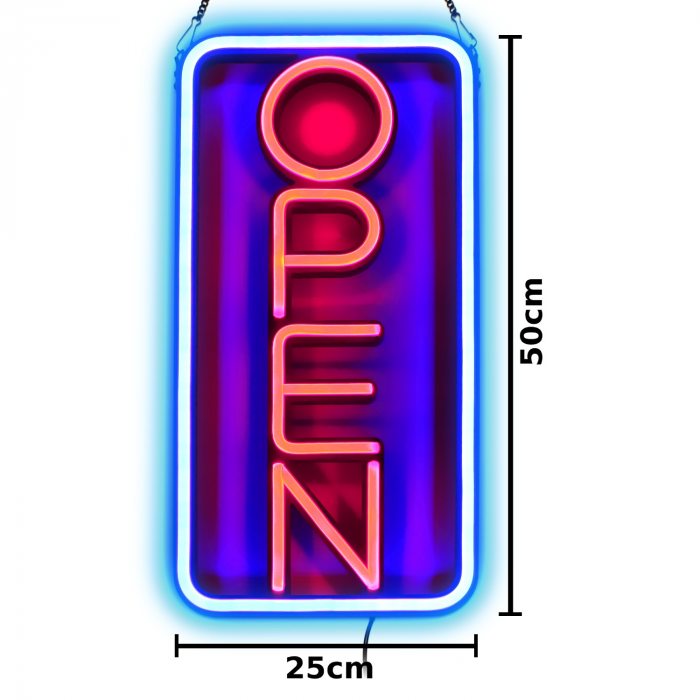 Open sign neon optics in red and blue