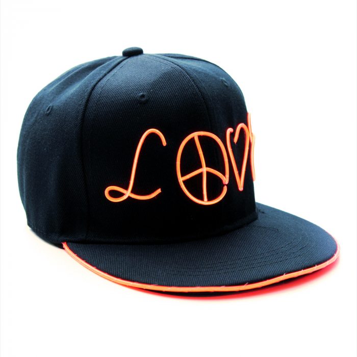 Leuchtendes Love & Peace Festival Rave Basebass Mütze Snapback LED-Cap Leuchtmütze Handarbeit