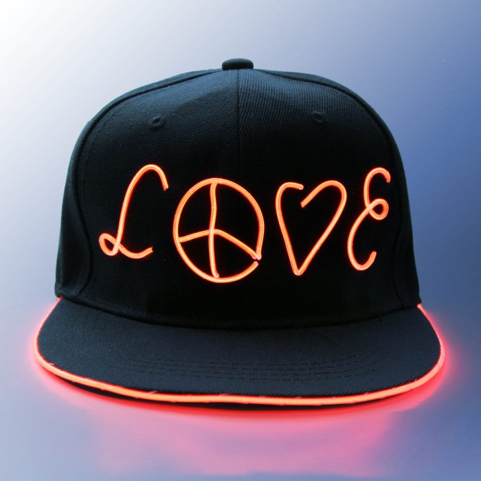 Leuchtendes Love & Peace Festival Rave Basebass Mütze Snapback LED-Cap Leuchtmütze Handarbeit