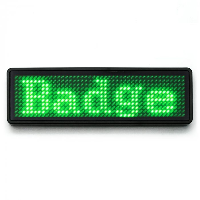 Leuchtendes Namensschild zum anstecken Laufschrift kabellos per App & USB programmierbar grün Lauftexte I Kleines LED-Display