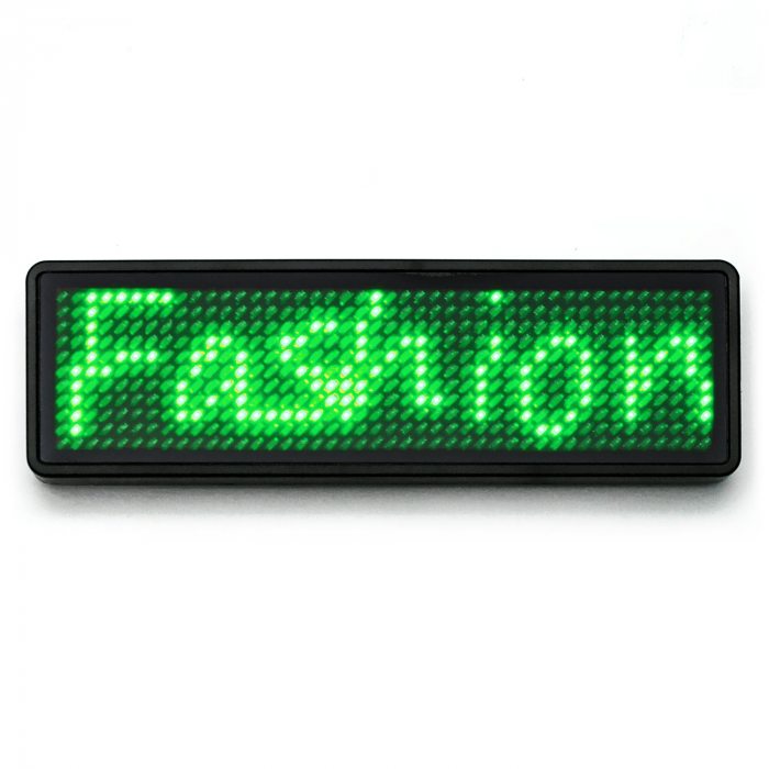 Leuchtendes Namensschild zum anstecken Laufschrift kabellos per App & USB programmierbar grün Lauftexte I Kleines LED-Display