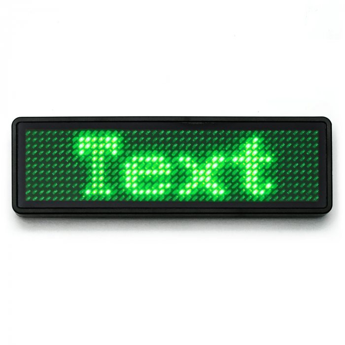 Leuchtendes Namensschild zum anstecken Laufschrift kabellos per App & USB programmierbar grün Lauftexte I Kleines LED-Display
