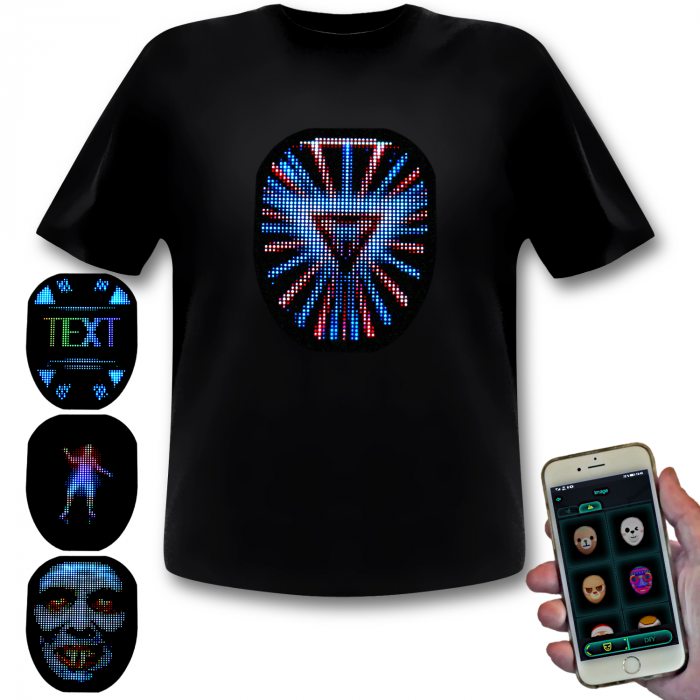 Programmierbares LED T-Shirt mit vielen Motiven, Animationen, eigenen Texten & Selfie-Funktion I Wireless Handy App Shirt I Soundsensitiver Equalizer