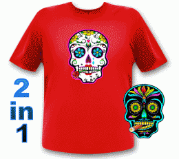 Nur Größe M Sonderangebot I Rotes Totenkopf Equalizer LED T-Shirt  Sugar Skull Halloween I Leuchtshirt