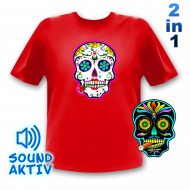 Nur Größe M Sonderangebot I Rotes Totenkopf Equalizer LED T-Shirt  Sugar Skull Halloween I Leuchtshirt