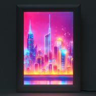 80er Retro-Bild Skyline LED-Leuchtrahmen DIN A4 Aluminium I Pop-Art-Poster Hintergrundbeleuchtung I LED-Bilder-Leuchtkasten I Leuchtkasten mit ultraflachem Design & Klapprahmentechnik