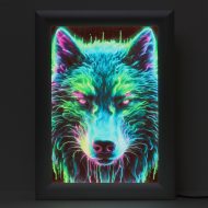 Cyberpunk Wolf LED-Leuchtrahmen DIN A4 Aluminium I Mystisches Wolfsgesicht Poster Hintergrundbeleuchtung I LED-Bilder-Leuchtkasten I Leuchtkasten mit ultraflachem Design & Klapprahmentechnik