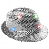 Paillettenhut Silber mit bunten LEDs I 3 Leuchtmodi I Blinken & Dauerleuchten I Pailletten LED-Hut  I Leuchtender Hut Trilby Partyhut Paillettenhut