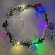Leuchtender Rosen Haarkranz mit Schleife I LED Blumenkranz Haarkranz mit Blüten I Kopfschmuck für Schlagernacht Oktoberfest Fasching Konzert